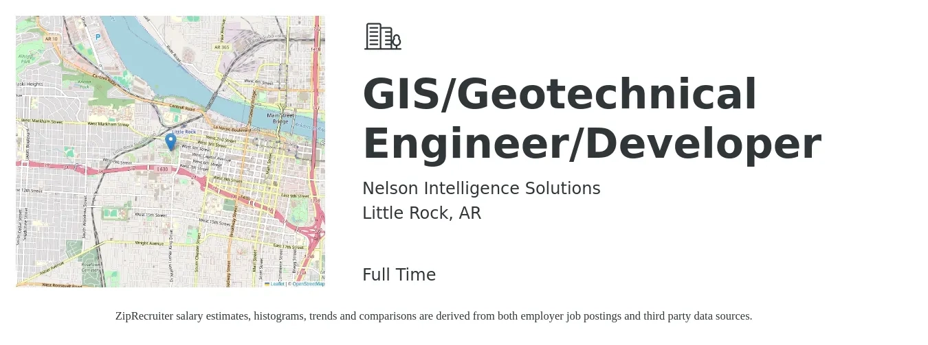 Nelson Intelligence Solutions job posting for a GIS/Geotechnical Engineer/Developer in Little Rock, AR with a salary of $67,900 to $104,200 Yearly with a map of Little Rock location.