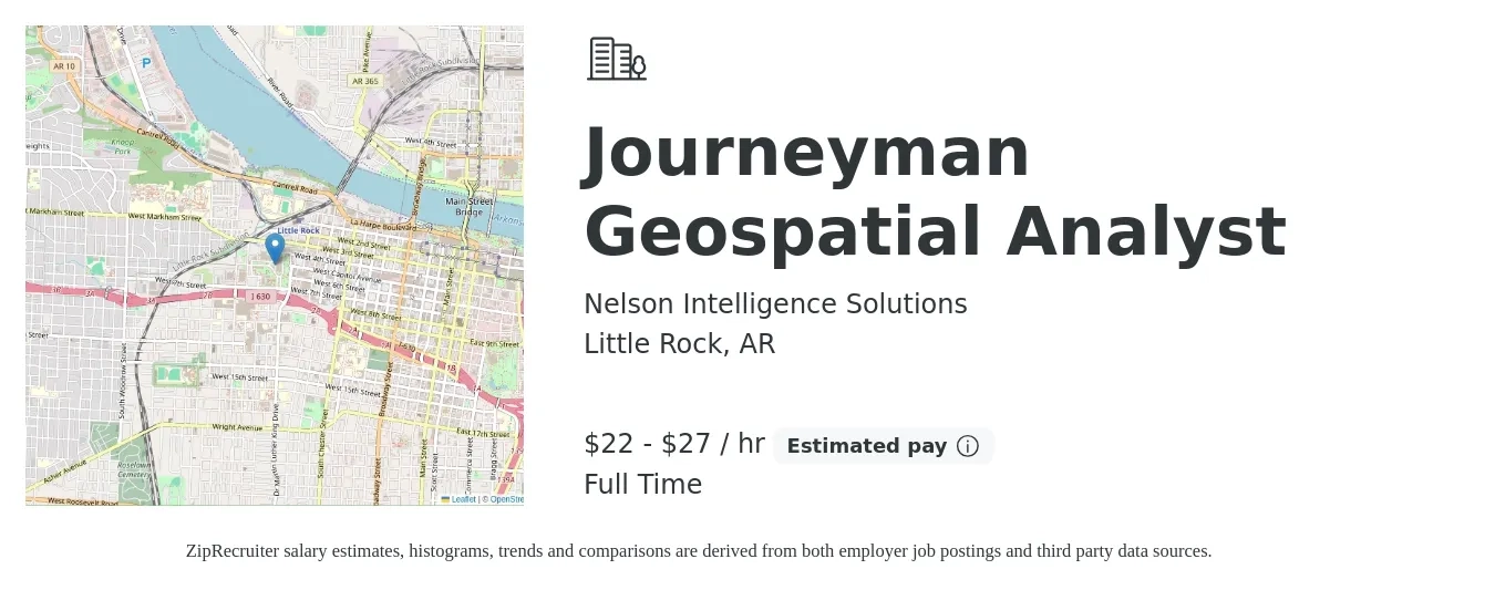 Nelson Intelligence Solutions job posting for a Journeyman Geospatial Analyst in Little Rock, AR with a salary of $48,000 to $60,000 Yearly with a map of Little Rock location.