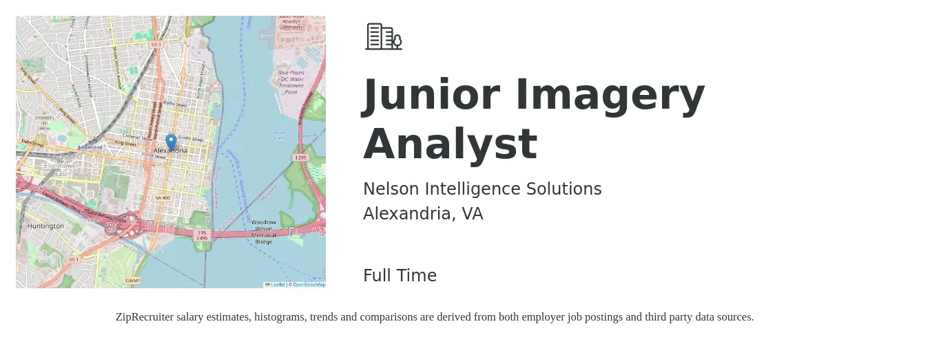 Nelson Intelligence Solutions job posting for a Junior Imagery Analyst in Alexandria, VA with a salary of $60,800 to $82,700 Yearly with a map of Alexandria location.
