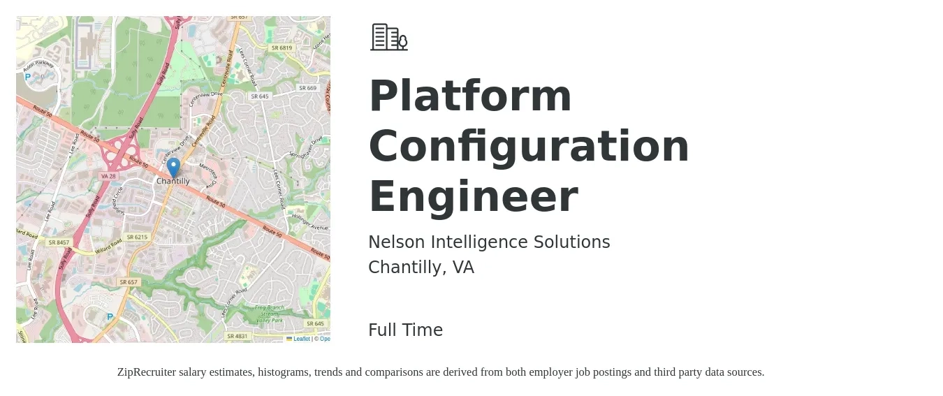 Nelson Intelligence Solutions job posting for a Platform Configuration Engineer in Chantilly, VA with a salary of $42 to $63 Hourly with a map of Chantilly location.
