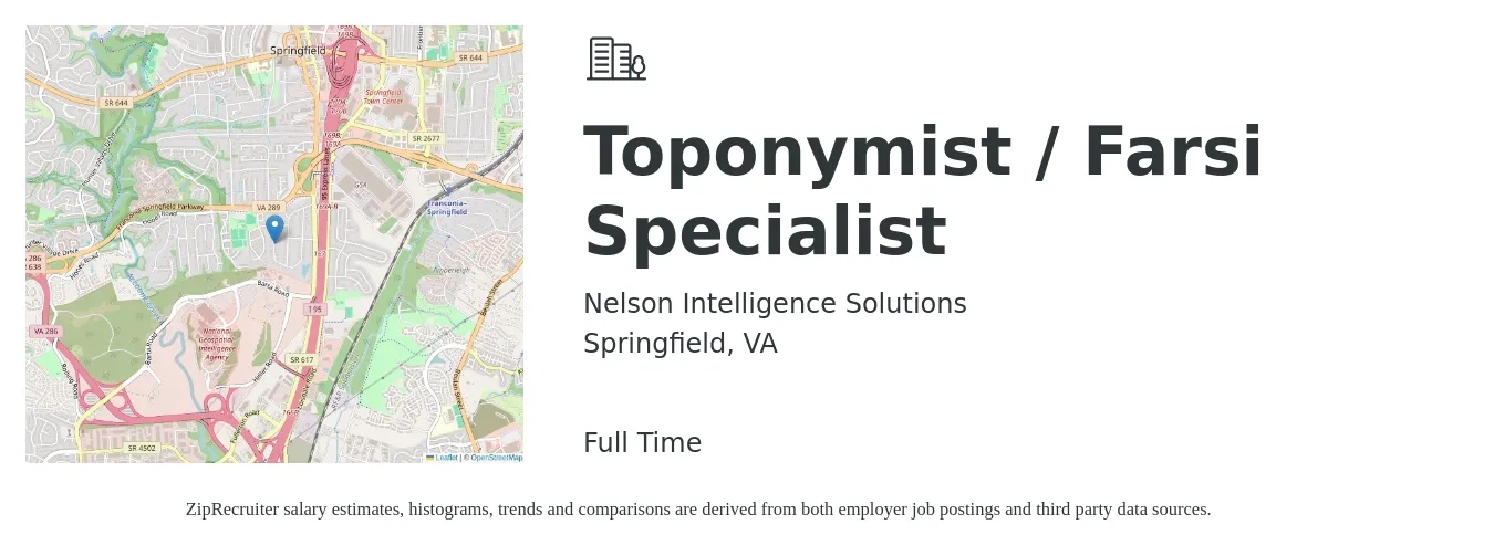 Nelson Intelligence Solutions job posting for a Toponymist / Farsi Specialist in Springfield, VA with a salary of $43,900 to $83,200 Yearly with a map of Springfield location.
