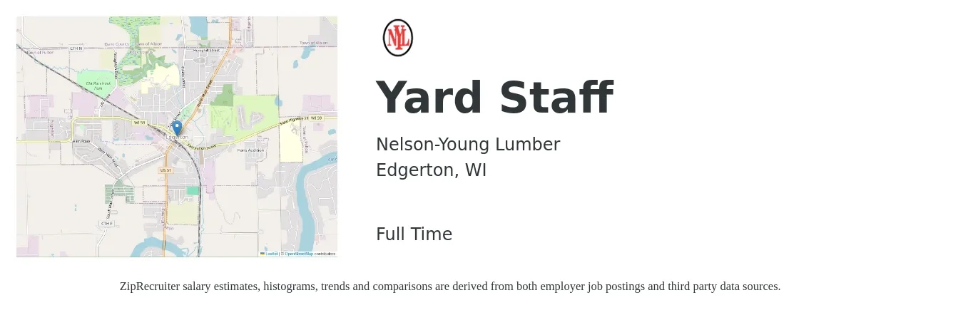 Nelson-Young Lumber job posting for a Yard Staff in Edgerton, WI with a salary of $18 to $23 Hourly with a map of Edgerton location.