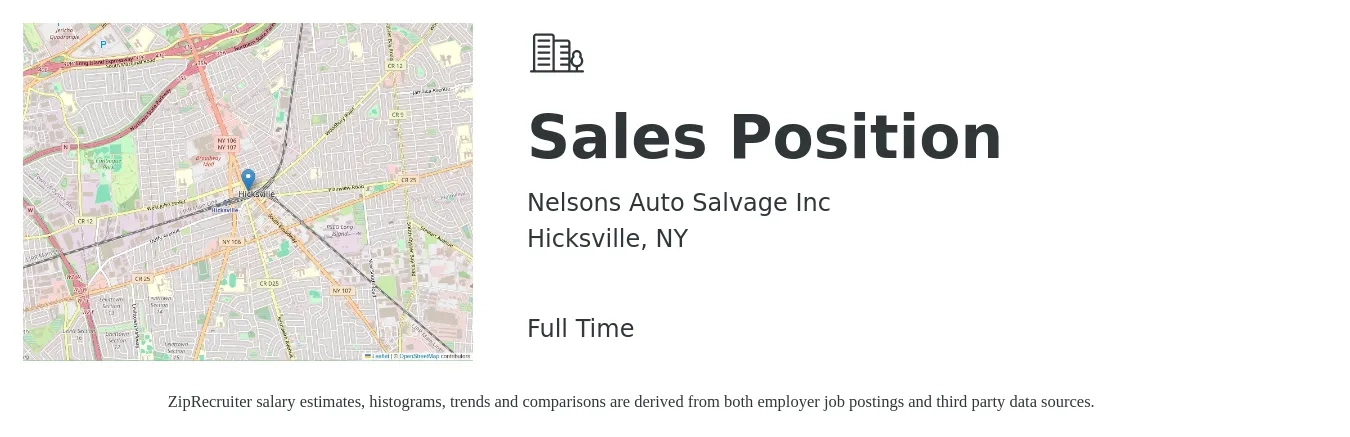 Nelsons Auto Salvage Inc job posting for a Sales Position in Hicksville, NY with a salary of $53,800 to $98,000 Yearly with a map of Hicksville location.