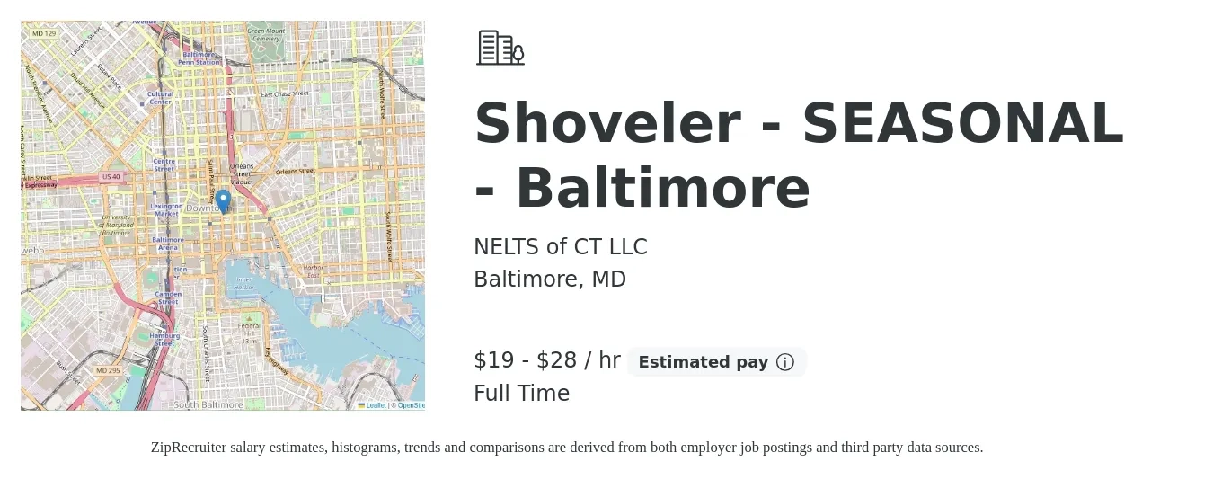 NELTS of CT LLC job posting for a Shoveler - SEASONAL - Baltimore in Baltimore, MD with a salary of $20 to $30 Hourly with a map of Baltimore location.