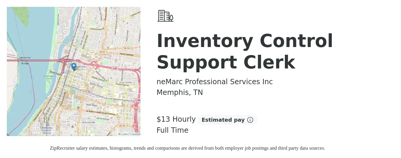 neMarc Professional Services Inc job posting for a Inventory Control Support Clerk in Memphis, TN with a salary of $14 Hourly with a map of Memphis location.
