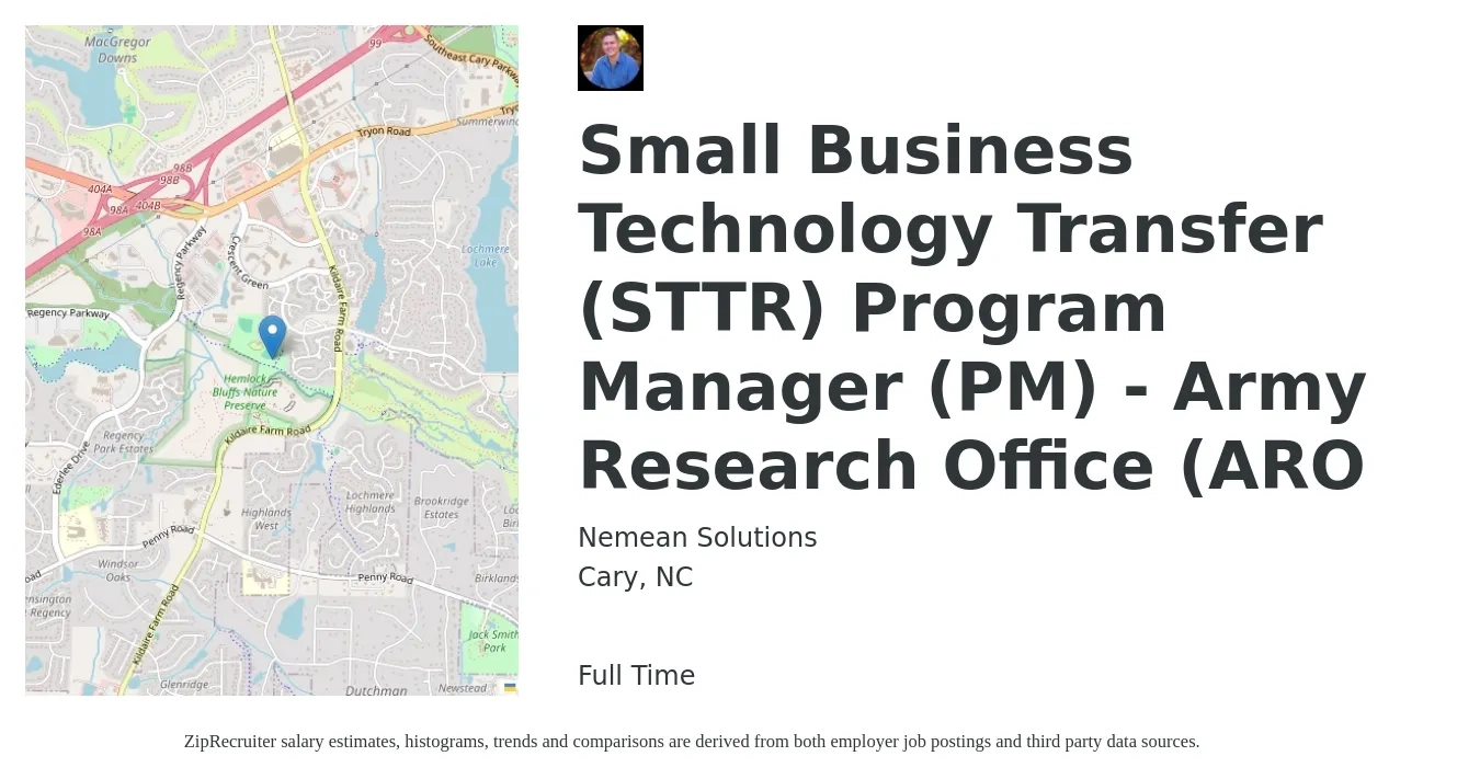 Nemean Solutions job posting for a Small Business Technology Transfer (STTR) Program Manager (PM) - Army Research Office (ARO in Cary, NC with a salary of $108,500 to $109,000 Yearly with a map of Cary location.