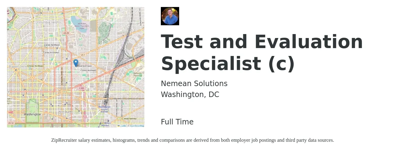 Nemean Solutions job posting for a Test and Evaluation Specialist (C) in Washington, DC with a salary of $22 to $54 Hourly with a map of Washington location.