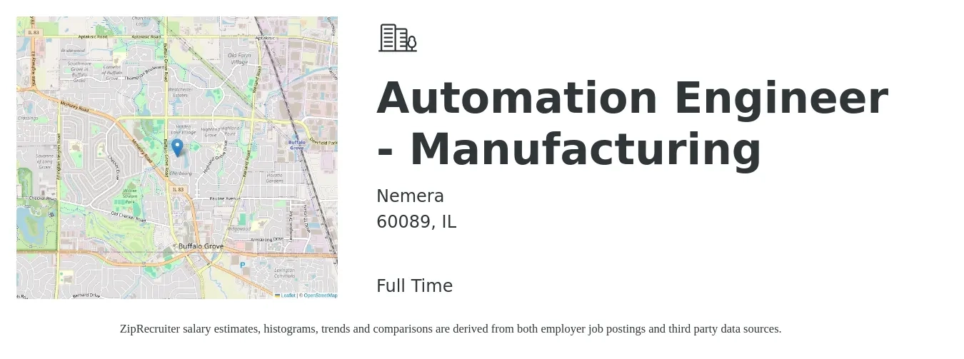 Nemera job posting for a Automation Engineer - Manufacturing in 60089, IL with a salary of $88,600 to $113,700 Yearly with a map of 60089 location.