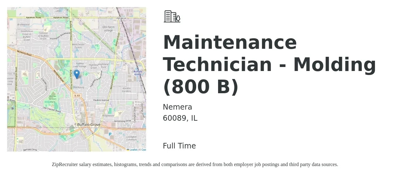 Nemera job posting for a Maintenance Technician - Molding (800 B) in 60089, IL with a salary of $23 to $30 Hourly with a map of 60089 location.
