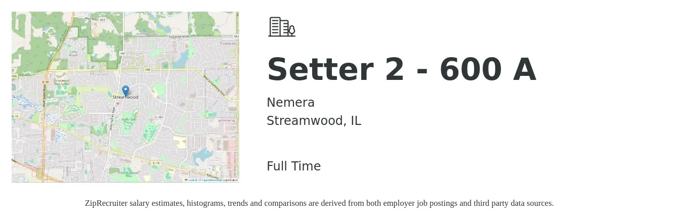 Nemera job posting for a Setter 2 - 600 A in Streamwood, IL with a salary of $18 to $21 Hourly with a map of Streamwood location.