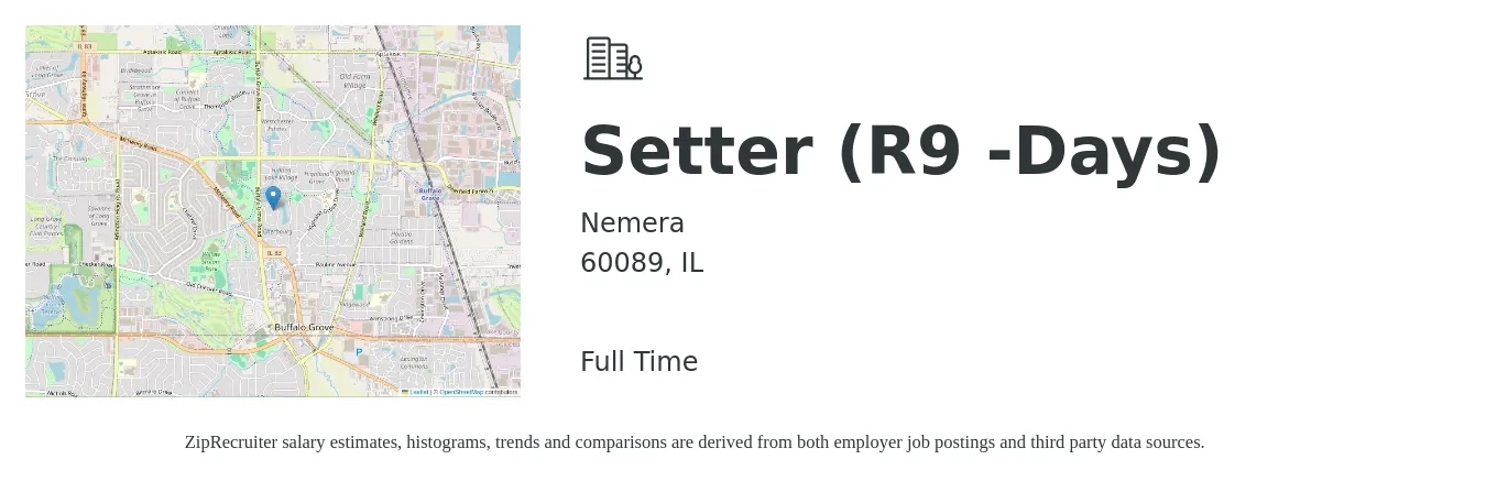 Nemera job posting for a Setter (R9 -Days) in 60089, IL with a salary of $18 to $22 Hourly with a map of 60089 location.