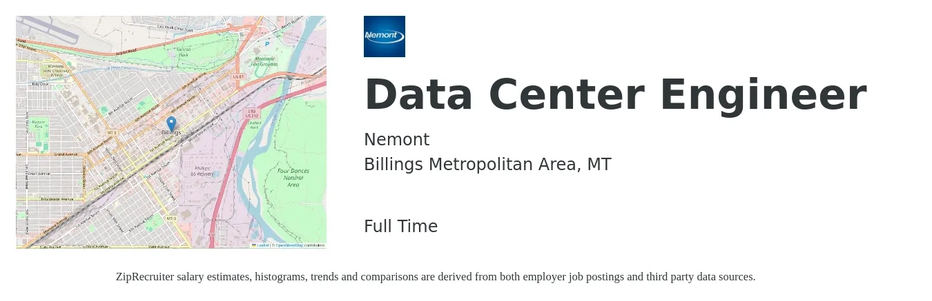 Nemont job posting for a Data Center Engineer in Billings Metropolitan Area, MT with a salary of $82,700 to $193,000 Yearly with a map of Billings Metropolitan Area location.