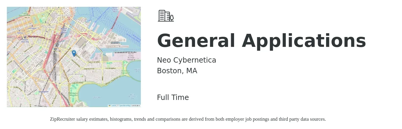 Neo Cybernetica job posting for a General Applications in Boston, MA with a salary of $48 to $68 Hourly with a map of Boston location.