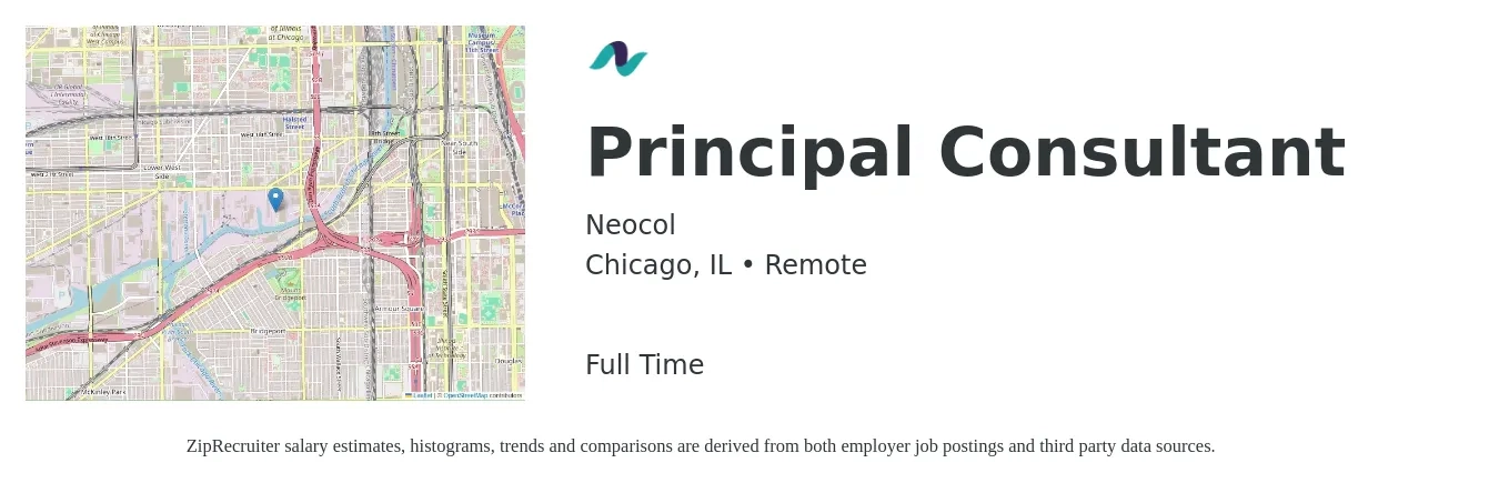 Neocol job posting for a Principal Consultant in Chicago, IL with a salary of $58 to $88 Hourly with a map of Chicago location.