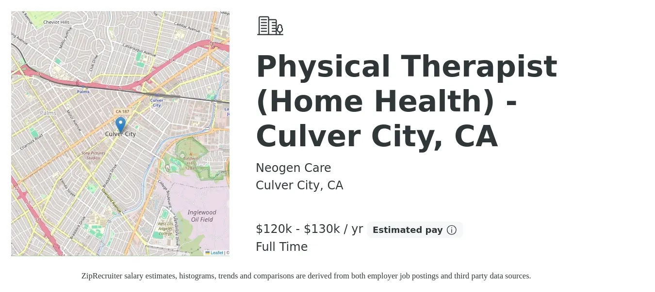 Neogen Care job posting for a Physical Therapist (Home Health) - Culver City, CA in Culver City, CA with a salary of $120,000 to $130,000 Yearly with a map of Culver City location.