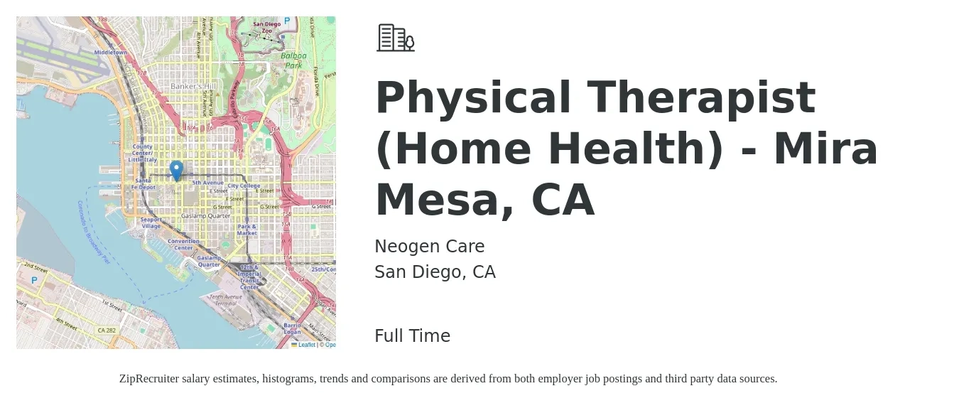 Neogen Care job posting for a Physical Therapist (Home Health) - Mira Mesa, CA in San Diego, CA with a salary of $120,000 to $130,000 Yearly with a map of San Diego location.