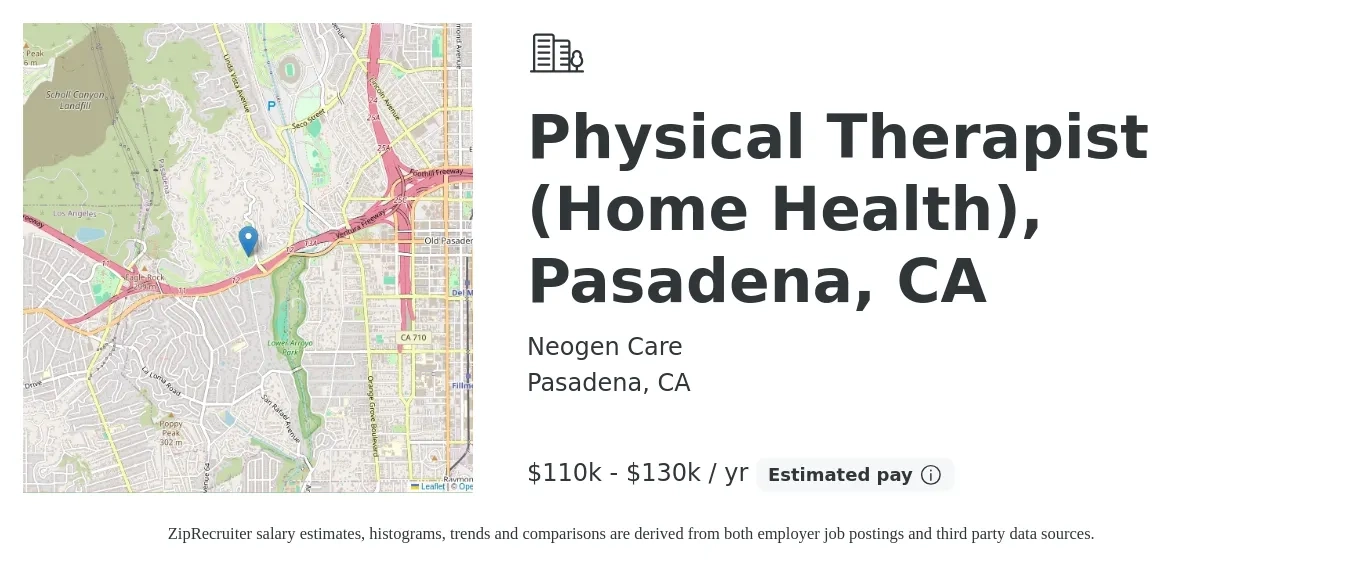 Neogen Care job posting for a Physical Therapist (Home Health), Pasadena, CA in Pasadena, CA with a salary of $120,000 to $130,000 Yearly with a map of Pasadena location.