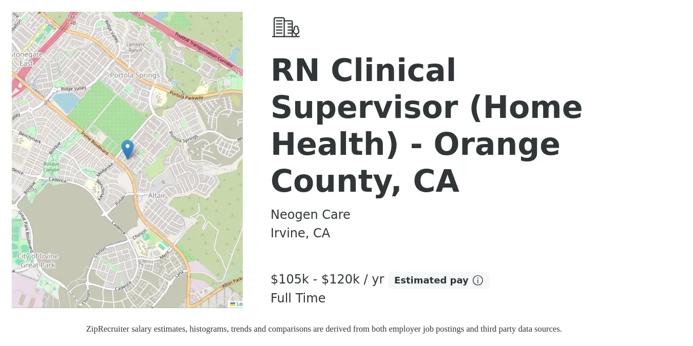 Neogen Care job posting for a RN Clinical Supervisor (Home Health) - Orange County, CA in Irvine, CA with a salary of $105,000 to $115,000 Yearly with a map of Irvine location.