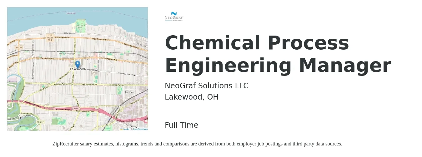 NeoGraf Solutions LLC job posting for a Chemical Process Engineering Manager in Lakewood, OH with a salary of $86,800 to $130,500 Yearly with a map of Lakewood location.