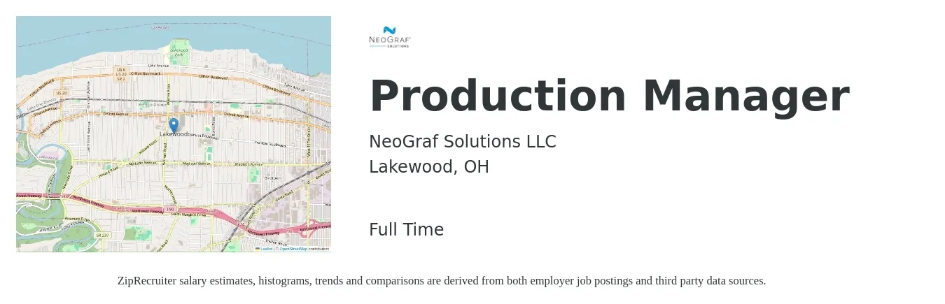 NeoGraf Solutions LLC job posting for a Production Manager in Lakewood, OH with a salary of $50,400 to $72,400 Yearly with a map of Lakewood location.