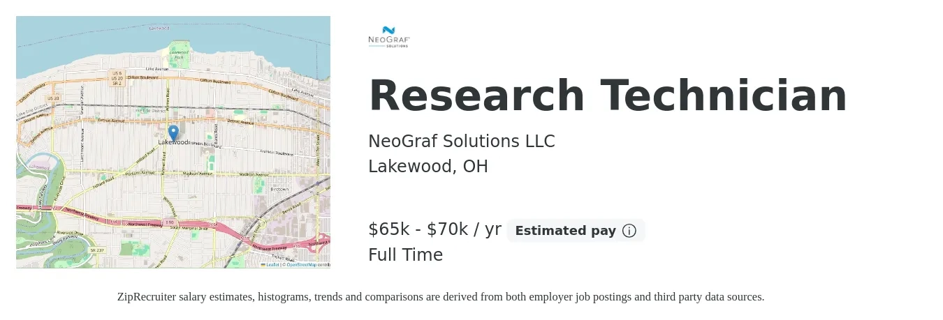 NeoGraf Solutions LLC job posting for a Research Technician in Lakewood, OH with a salary of $65,000 to $70,000 Yearly with a map of Lakewood location.