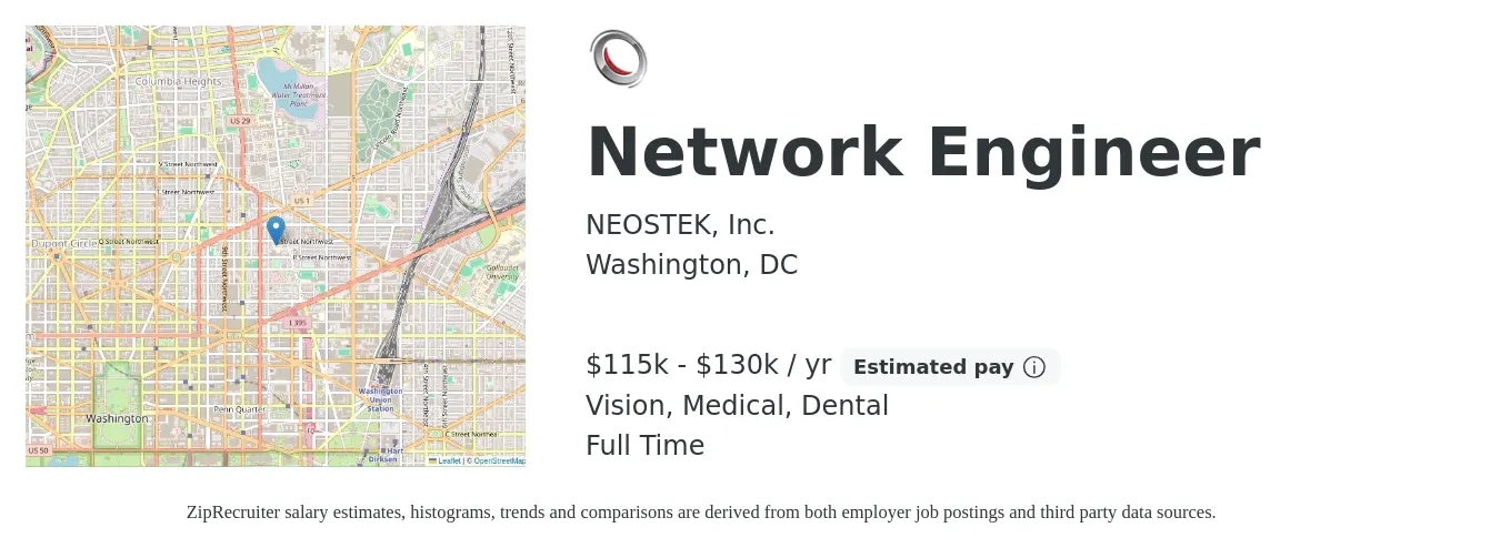 NEOSTEK, Inc. job posting for a Network Engineer in Washington, DC with a salary of $115,000 to $130,000 Yearly and benefits including vision, dental, medical, pto, and retirement with a map of Washington location.