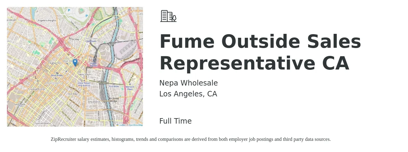 Nepa Wholesale job posting for a Fume Outside Sales Representative CA in Los Angeles, CA with a salary of $150 Daily with a map of Los Angeles location.