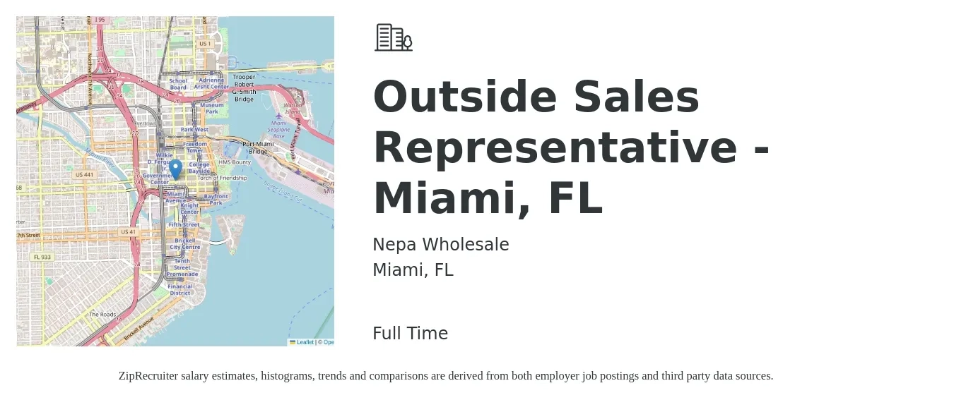 Nepa Wholesale job posting for a Outside Sales Representative - Miami, FL in Miami, FL with a salary of $4,200 Monthly with a map of Miami location.