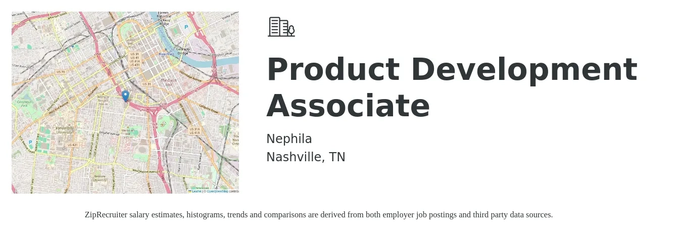 Nephila job posting for a Product Development Associate in Nashville, TN with a salary of $600 Daily with a map of Nashville location.