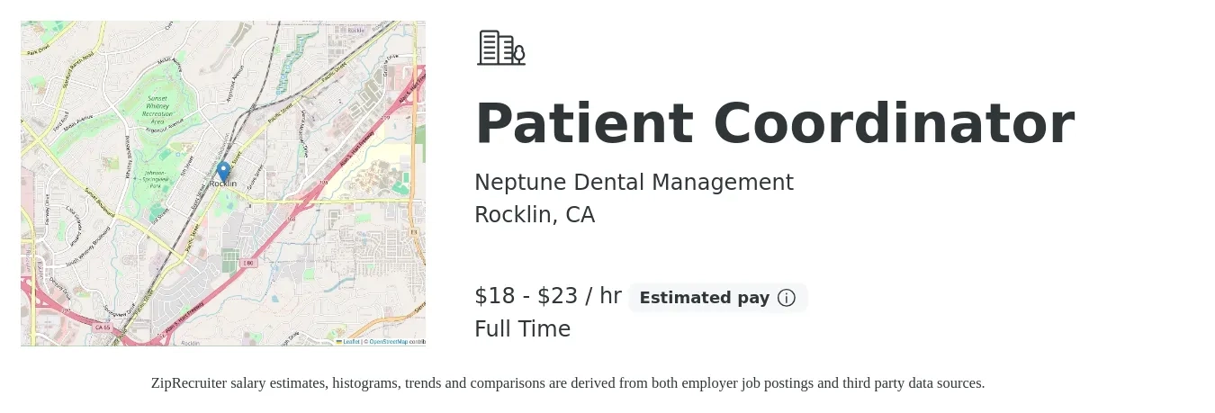 Neptune Dental Management job posting for a Patient Coordinator in Rocklin, CA with a salary of $19 to $24 Hourly with a map of Rocklin location.