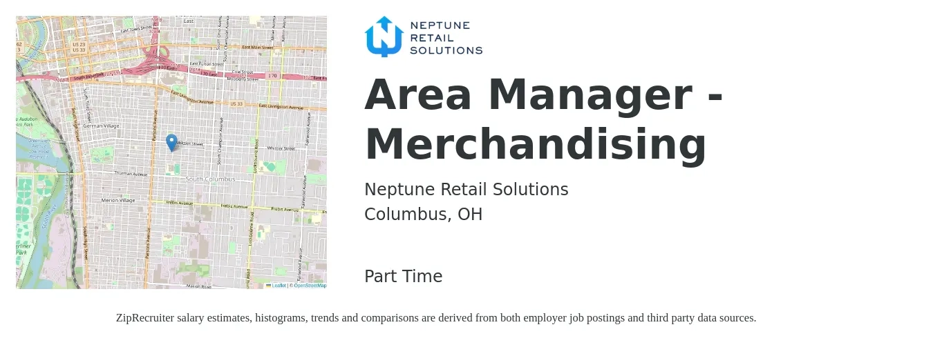 Neptune Retail Solutions job posting for a Area Manager - Merchandising in Columbus, OH with a salary of $55,100 to $117,000 Yearly with a map of Columbus location.
