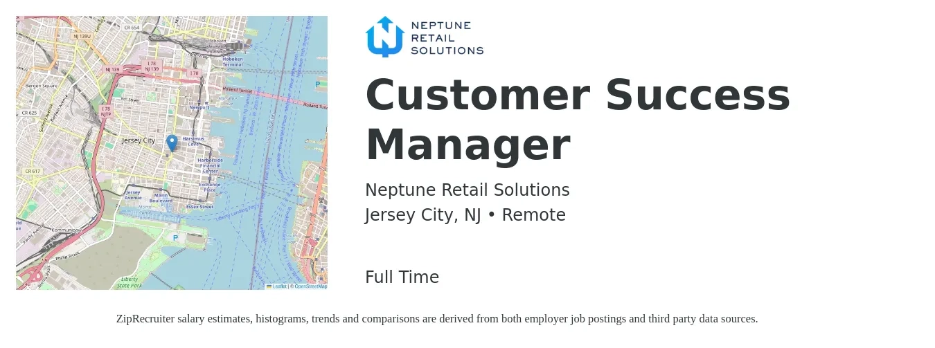 Neptune Retail Solutions job posting for a Customer Success Manager in Jersey City, NJ with a salary of $62,100 to $103,300 Yearly with a map of Jersey City location.