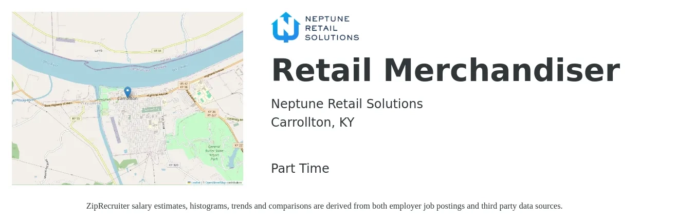 Neptune Retail Solutions job posting for a Retail Merchandiser in Carrollton, KY with a salary of $13 to $16 Hourly with a map of Carrollton location.