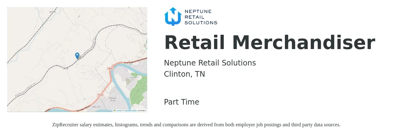 Neptune Retail Solutions job posting for a Retail Merchandiser in Clinton, TN with a salary of $21,519 to $30,126 Yearly with a map of Clinton location.