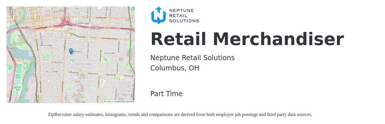 Neptune Retail Solutions job posting for a Retail Merchandiser in Columbus, OH with a salary of $12 to $16 Hourly with a map of Columbus location.