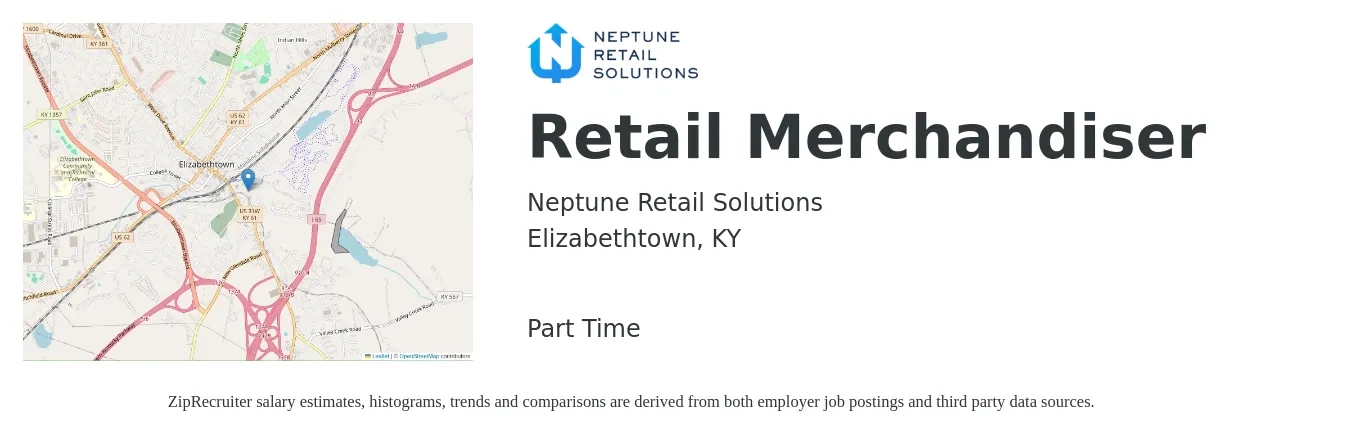 Neptune Retail Solutions job posting for a Retail Merchandiser in Elizabethtown, KY with a salary of $12 to $16 Hourly with a map of Elizabethtown location.