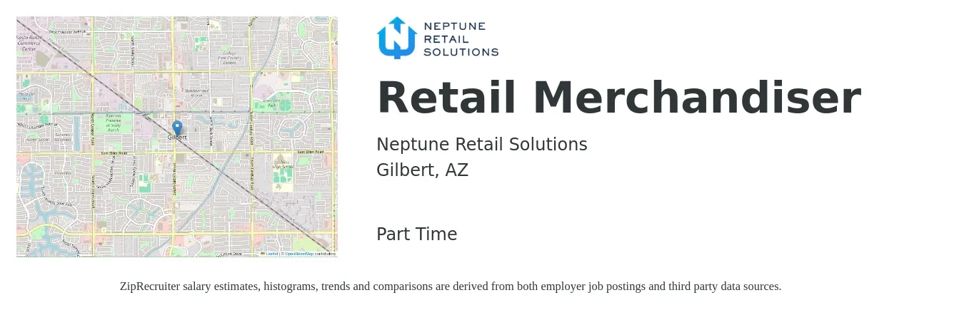 Neptune Retail Solutions job posting for a Retail Merchandiser in Gilbert, AZ with a salary of $14 to $17 Hourly with a map of Gilbert location.