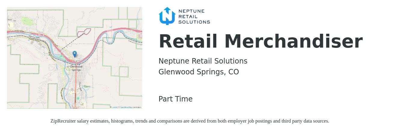 Neptune Retail Solutions job posting for a Retail Merchandiser in Glenwood Springs, CO with a salary of $17 Hourly with a map of Glenwood Springs location.