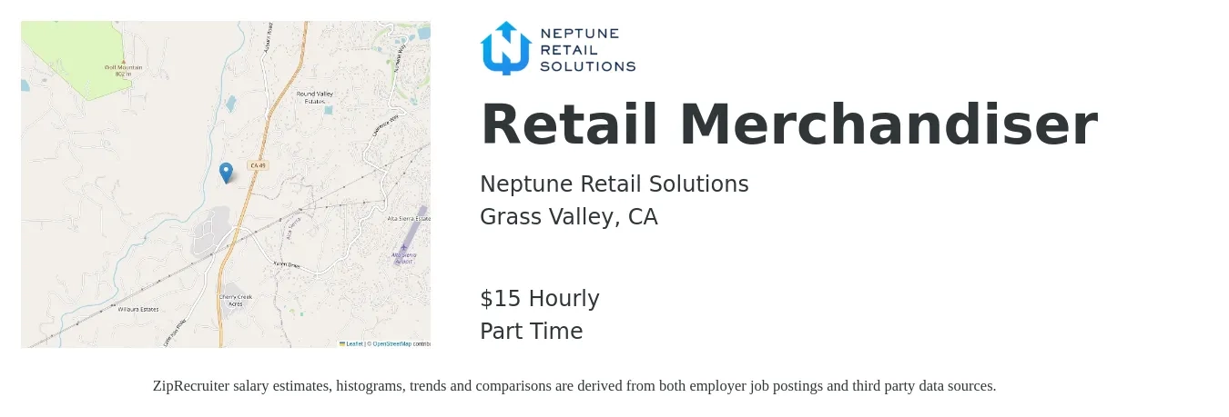 Neptune Retail Solutions job posting for a Retail Merchandiser in Grass Valley, CA with a salary of $16 Hourly with a map of Grass Valley location.