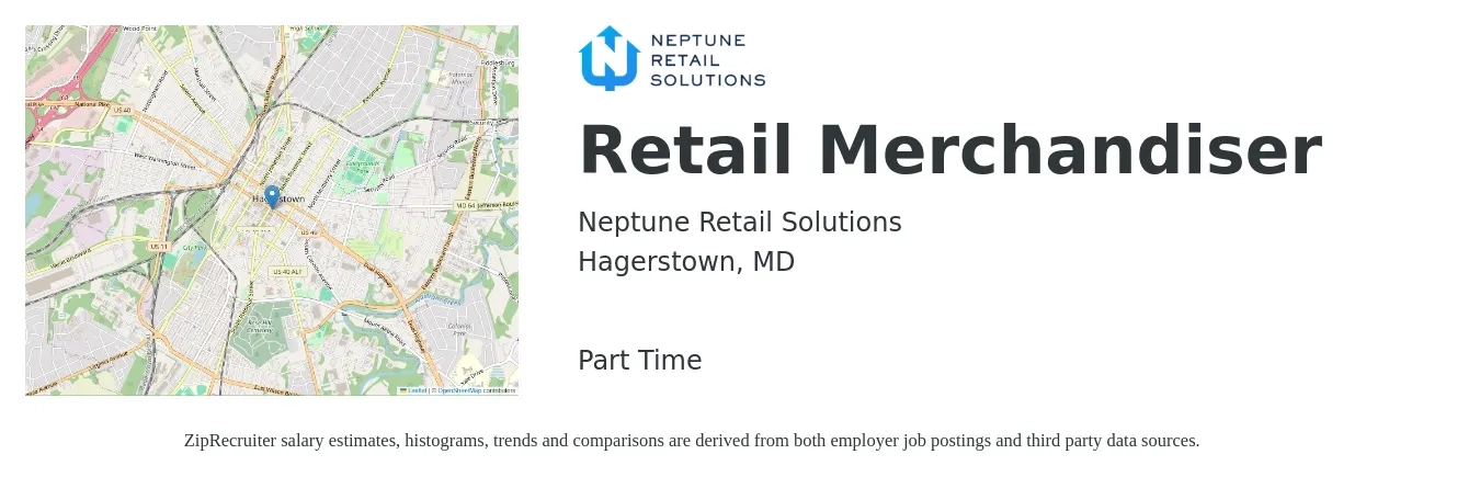Neptune Retail Solutions job posting for a Retail Merchandiser in Hagerstown, MD with a salary of $14 to $17 Hourly with a map of Hagerstown location.
