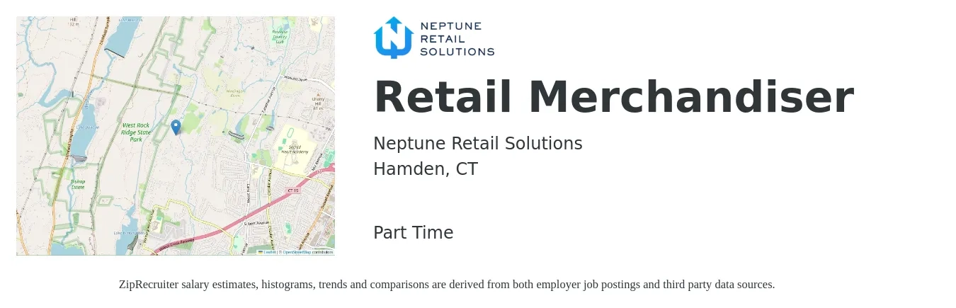 Neptune Retail Solutions job posting for a Retail Merchandiser in Hamden, CT with a salary of $14 to $17 Hourly with a map of Hamden location.