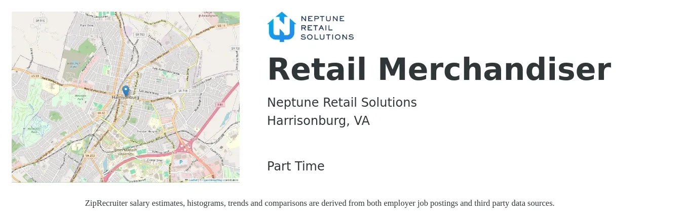 Neptune Retail Solutions job posting for a Retail Merchandiser in Harrisonburg, VA with a salary of $13 to $16 Hourly with a map of Harrisonburg location.