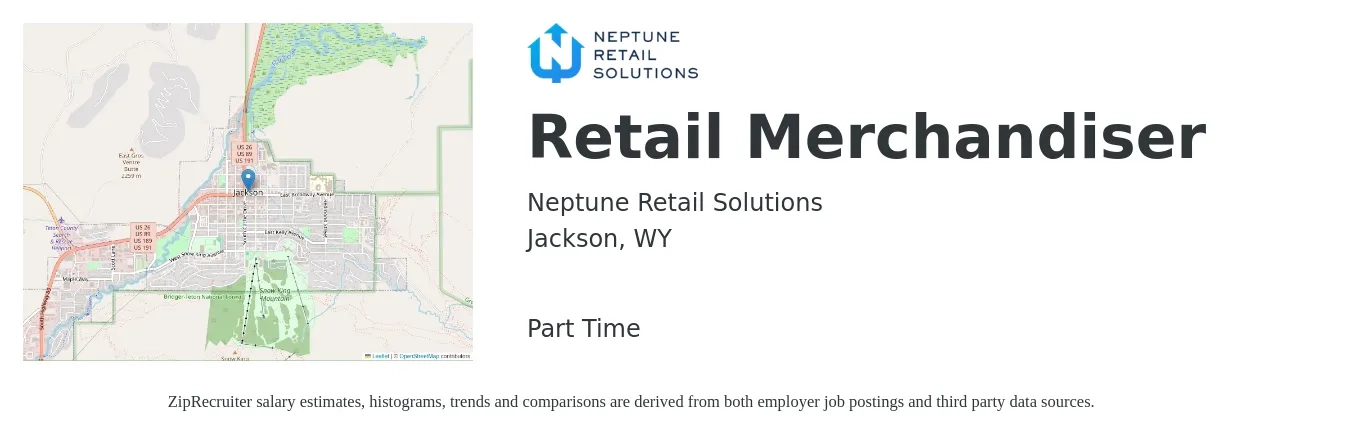 Neptune Retail Solutions job posting for a Retail Merchandiser in Jackson, WY with a salary of $13 to $16 Hourly with a map of Jackson location.