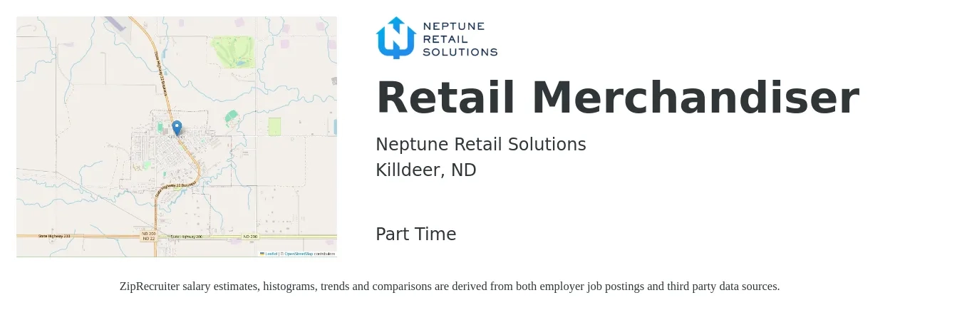 Neptune Retail Solutions job posting for a Retail Merchandiser in Killdeer, ND with a salary of $13 to $16 Hourly with a map of Killdeer location.