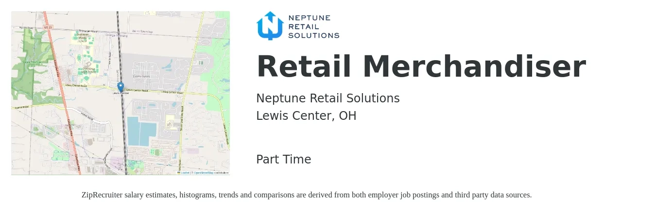 Neptune Retail Solutions job posting for a Retail Merchandiser in Lewis Center, OH with a salary of $13 to $16 Hourly with a map of Lewis Center location.