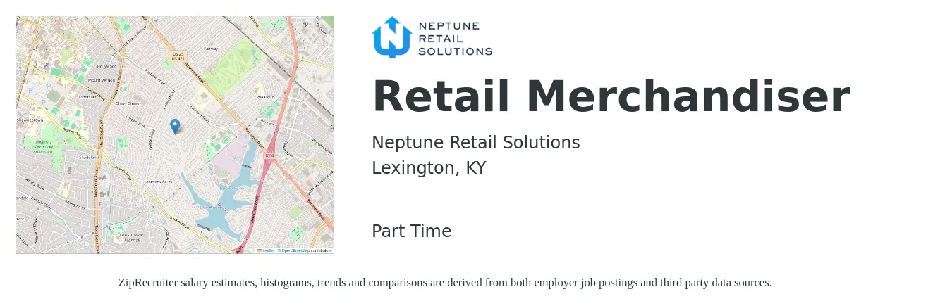 Neptune Retail Solutions job posting for a Retail Merchandiser in Lexington, KY with a salary of $12 to $15 Hourly with a map of Lexington location.