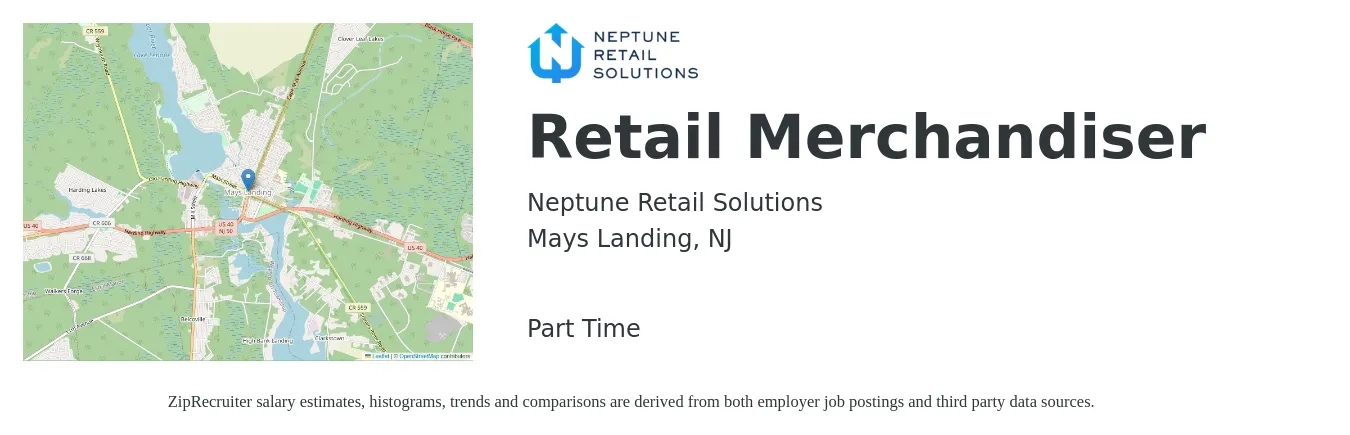 Neptune Retail Solutions job posting for a Retail Merchandiser in Mays Landing, NJ with a salary of $14 to $17 Hourly with a map of Mays Landing location.