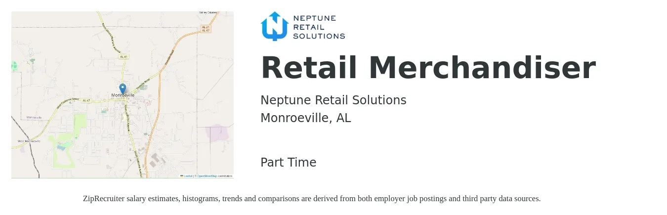 Neptune Retail Solutions job posting for a Retail Merchandiser in Monroeville, AL with a salary of $11 to $14 Hourly with a map of Monroeville location.