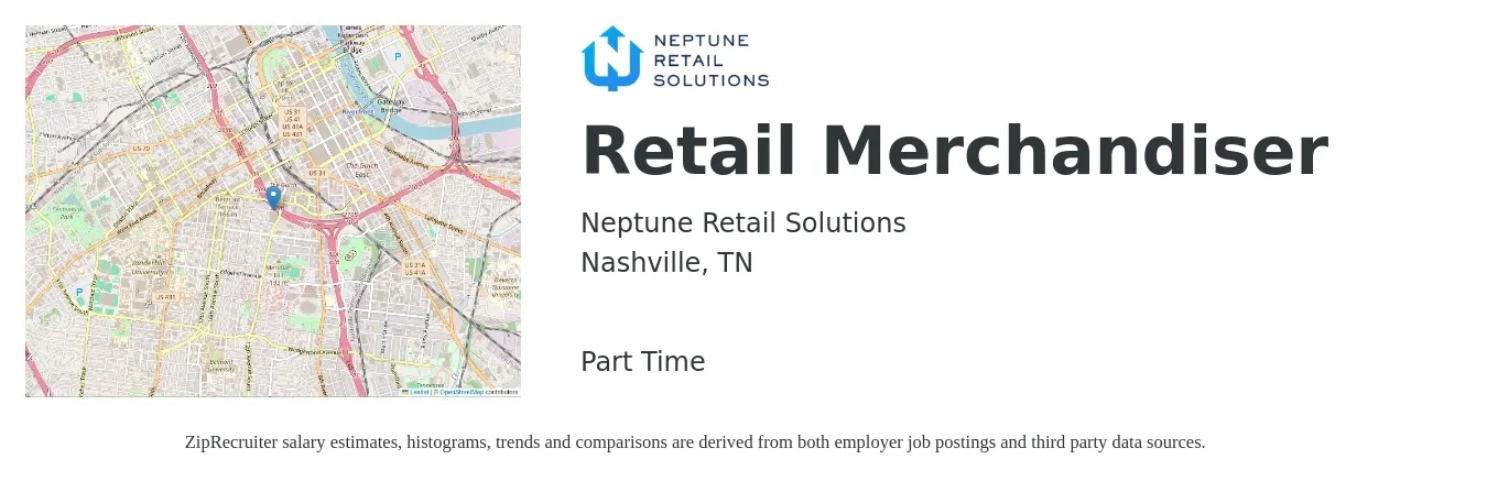 Neptune Retail Solutions job posting for a Retail Merchandiser in Nashville, TN with a salary of $13 to $16 Hourly with a map of Nashville location.