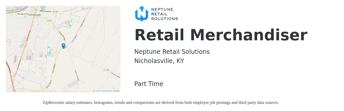 Neptune Retail Solutions job posting for a Retail Merchandiser in Nicholasville, KY with a salary of $12 to $15 Hourly with a map of Nicholasville location.